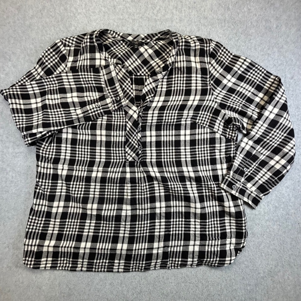 Talbots Petites Plaid Button Up Shirt Women XLp Black White Long Sleeve Top